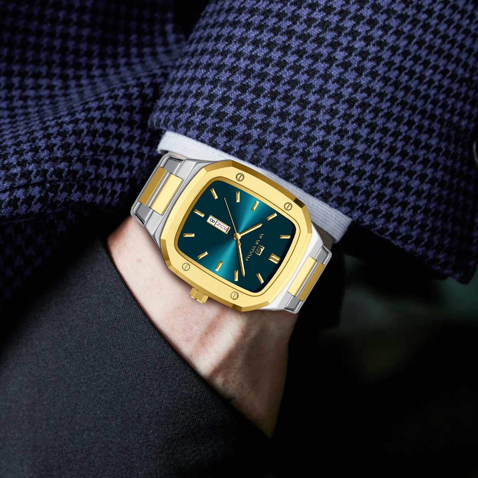 2025 novo relógio masculino moda quadrado aço inoxidável azul ouro 3bar à prova dwaterproof água calendário de quartzo simulado negócios esportes relógio de pulso