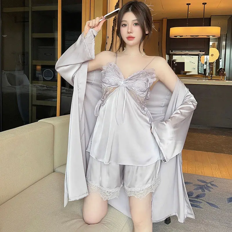 

Summer Sexy Ice Silk Pajamas for Women Luxury Suspender Shorts Nightgown Three Piece Set Summer Comfortable Home Wear Sleepwear