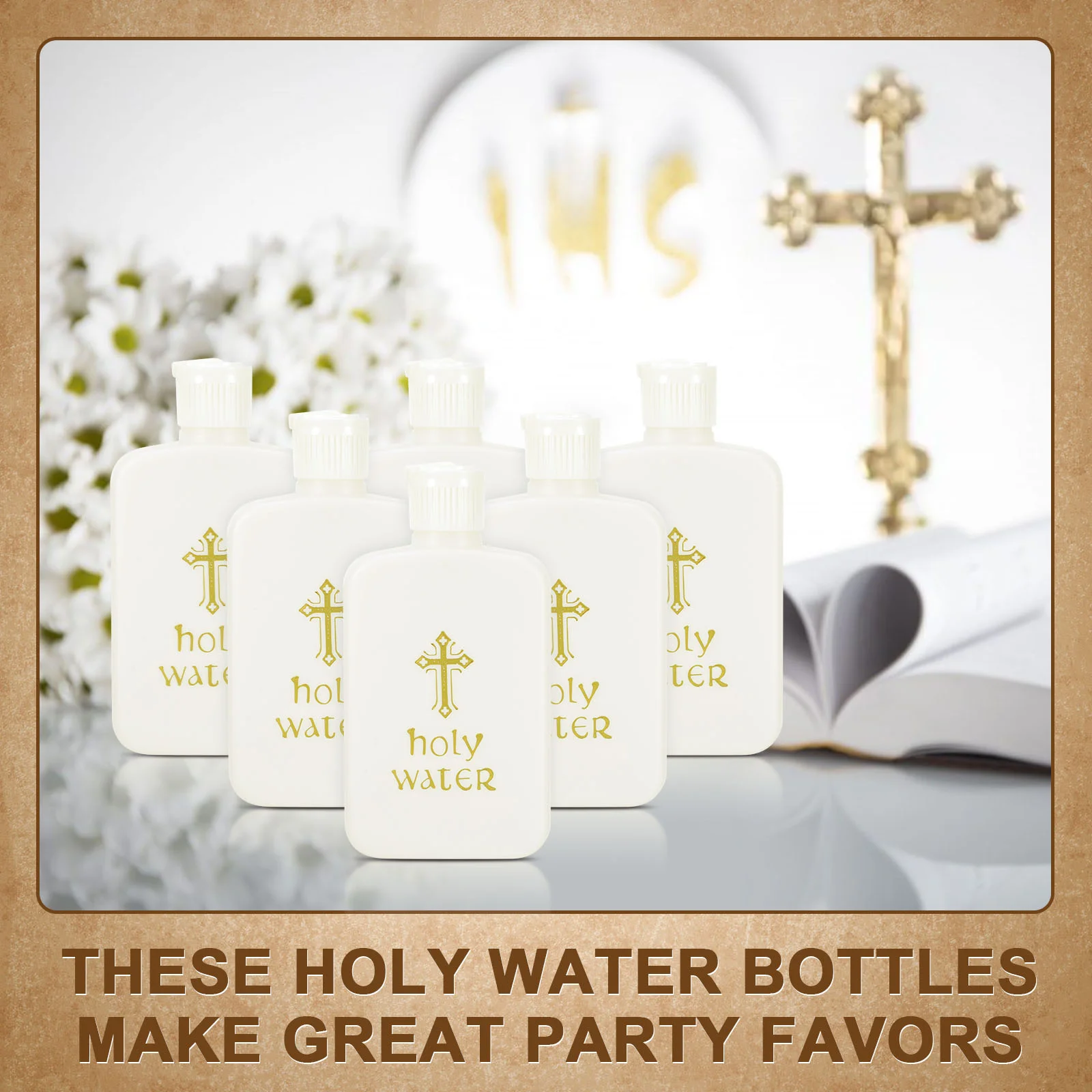 6 Pcs 100ML Holy Water Bottle White Body Golden Logo Cross Pattern Safety Cap Baptism Exorcism Church Favors Plastic Container