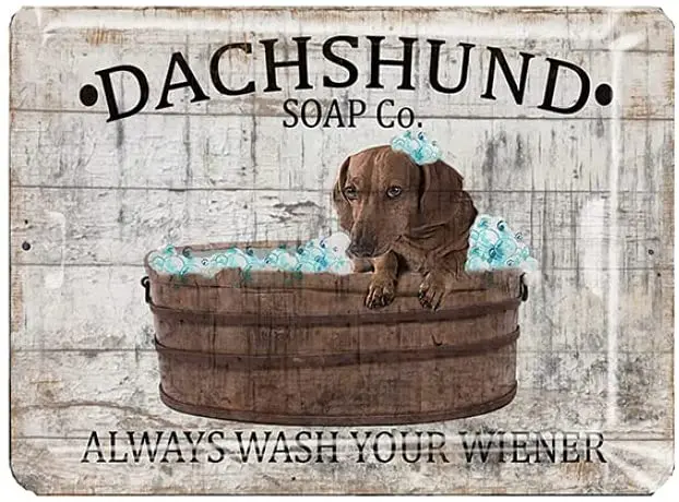 Metal Brown Dachshund Soap Company Always Wash Your Wiener Funny Bathroom Aluminum Sign Bath Wall Plaque Wall Decor Art sign