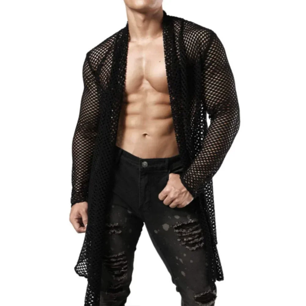 

Sexy Male Hollow Out Long Cardigan Grid Streetwear Men Fashion Perspective Long-sleeved T Shirts Tops