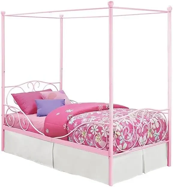 

Metal Canopy Kids Platform Bed with Four Poster Design, Underbed Storage Space, No Box Sring Needed, Twin, Pink