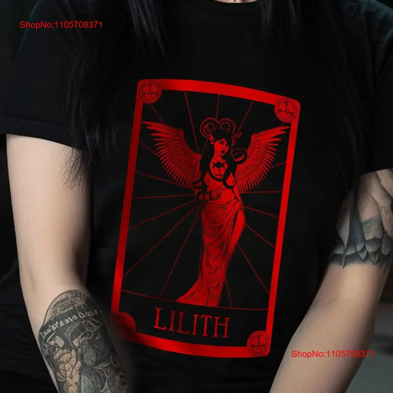 Lilith T Shirt Satanic Pagan Goddess Halloween shirtl Tarot Card Wiccan Witchcraft magic vintage Washed Top For Everyday Wear