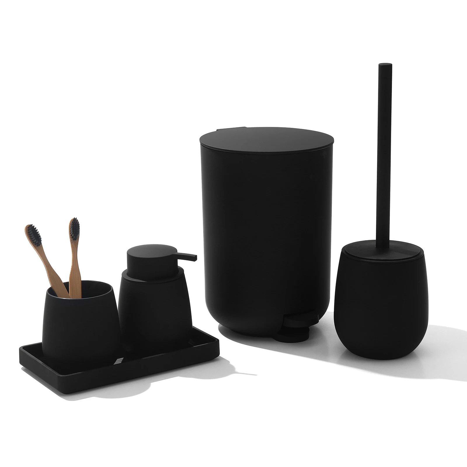 5-Piece Matte Black Bathroom Accessory Set - Includes Trash Can, Soap Dispenser，Toothbrush Holder,Tray, and Toilet Brush.Bathroo