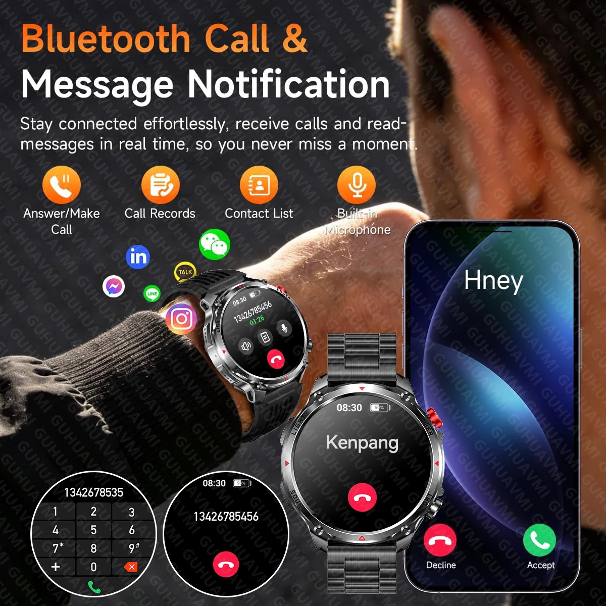 New Men Outdoor Military 1100mAh Large Battery Smart Watch Compass GPS Track IP68 Waterproof LED Flashlight BT Call Smartwatch view 6