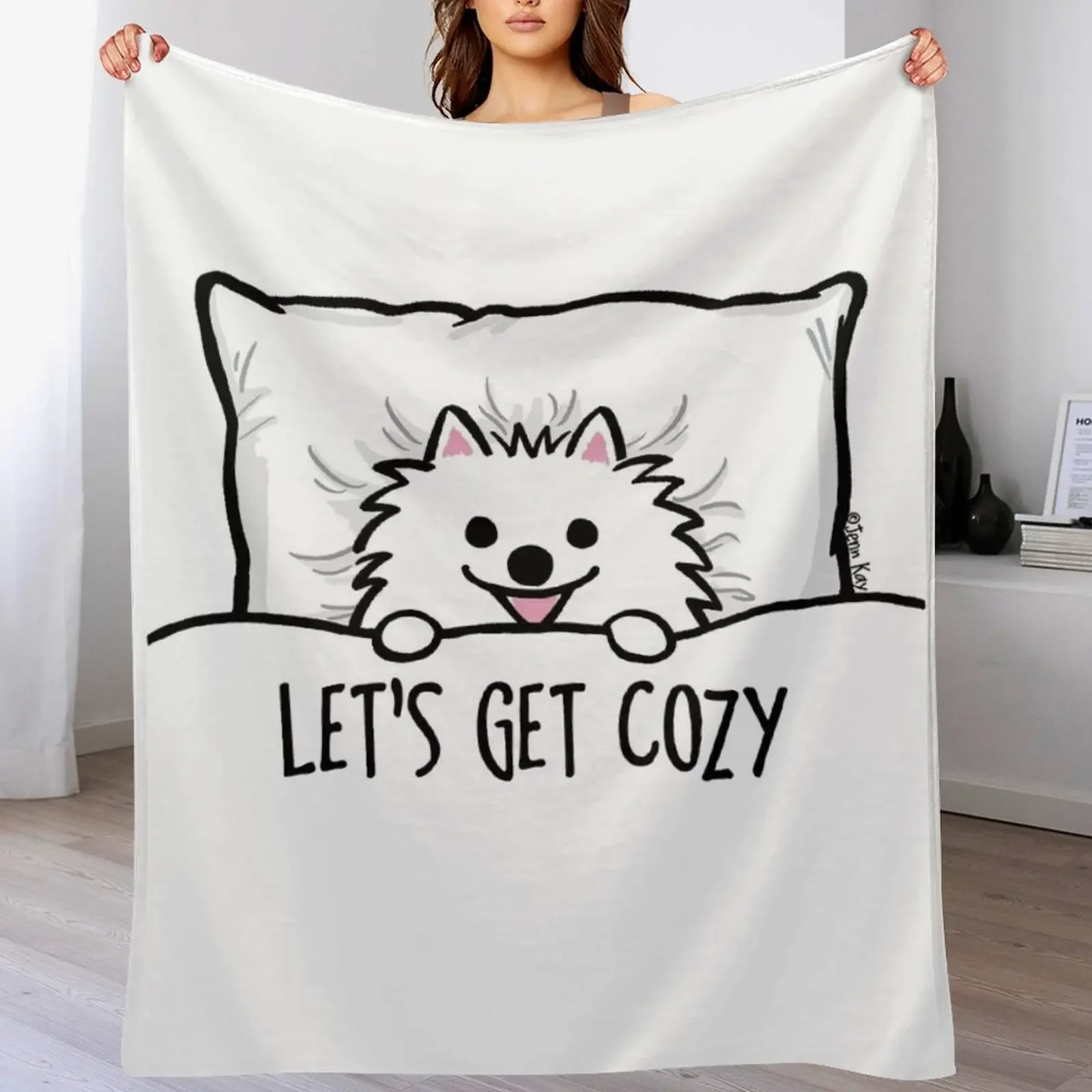 White Pomeranian Tucked into Bed Cute Pom Cartoon Dog Throw Blanket Thins christmas gifts Blankets