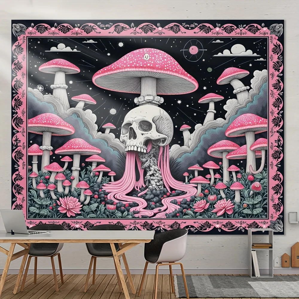 VIKAMA Dark Fantasy Tapestry Skeleton Mushroom Living Room Feature Wall Hanging Music Party Theme Bed & Breakfast Room Decor