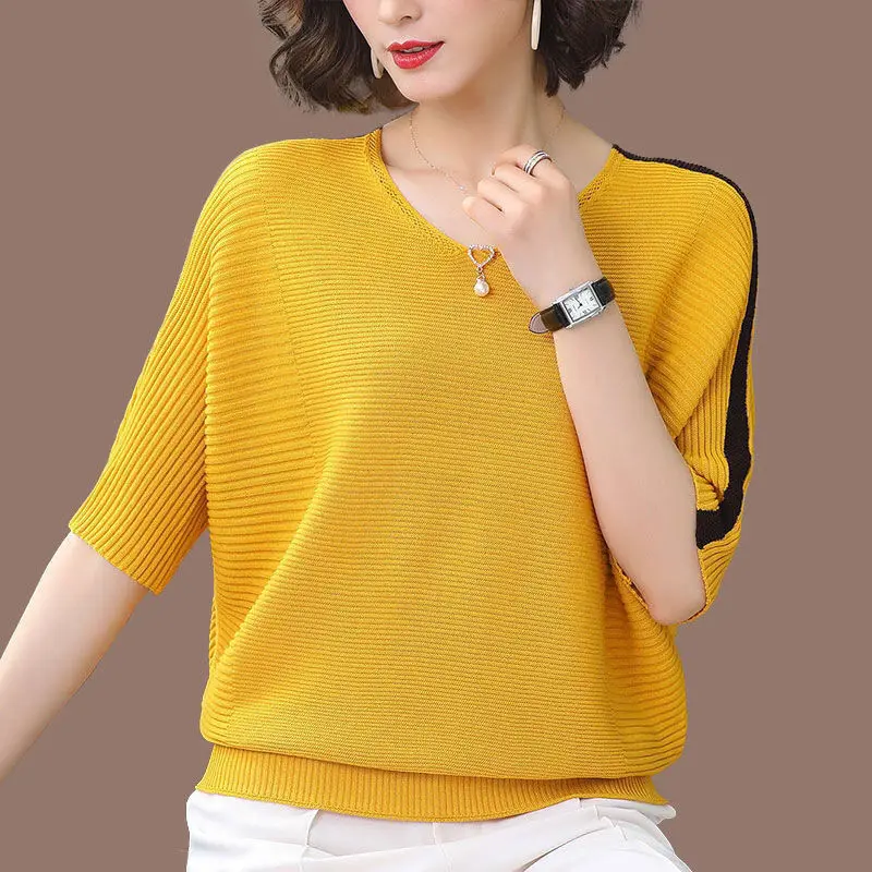 Summer New Plus Size Ice Silk Knitting Tops Tees Short Sleeve Solid Simplicity Fashion T Shirts Vintage Casual Women Clothing