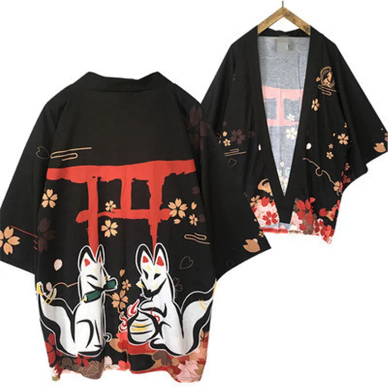 

Fox Print Yukata Men Women Fashion Cardigan Loose Blouse Haori Obi Asian Clothes Harajuku Japanese Cosplay Kimono Cardigan