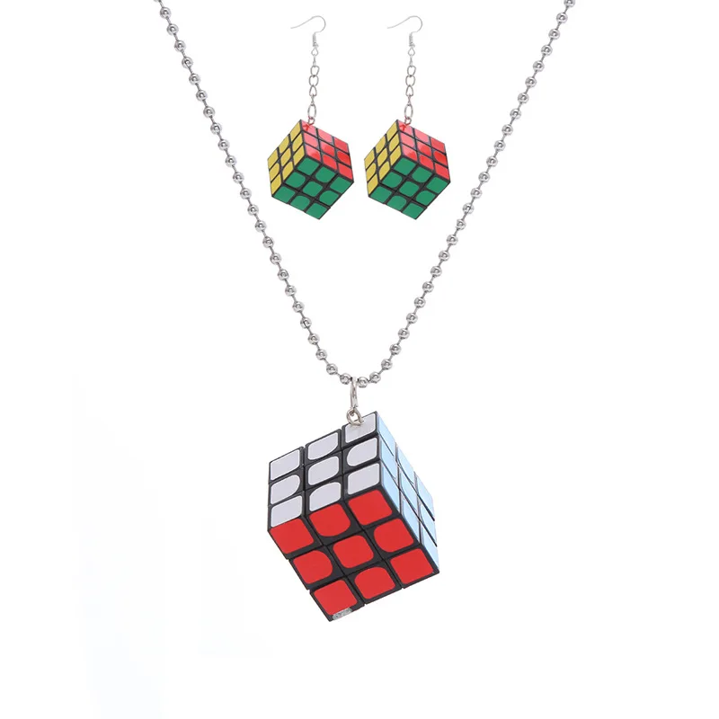 E182 Cute Magic Square Earring, Colorful Rubik's Cube Earrings And Necklace Set,Accessories Wholesale