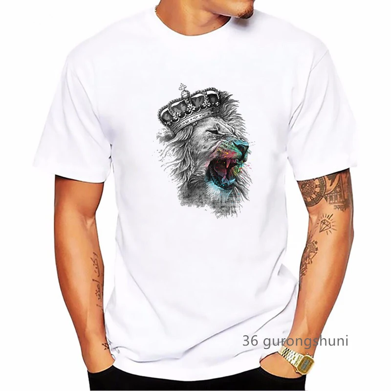 Watercolor Lion Tiger Dog Animal Print T Shirt Men Clothes 2024 White Short Sleeve Tshirt Homme Harajuku Shirt Streetwear