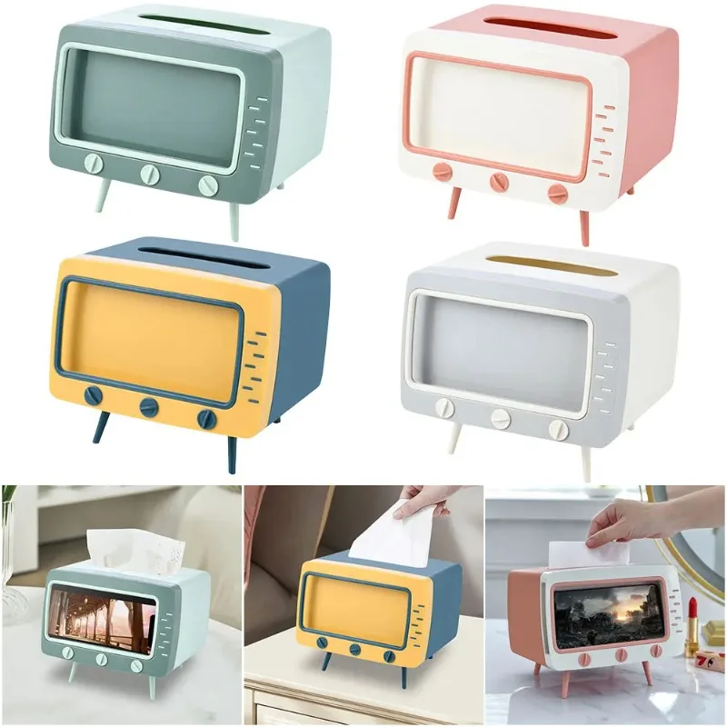 Creative Desktop Paper Holder with Mobile Phone Stand Kawaii TV Shape Tissue Box Paper Storage Case for Living Room Night Stand