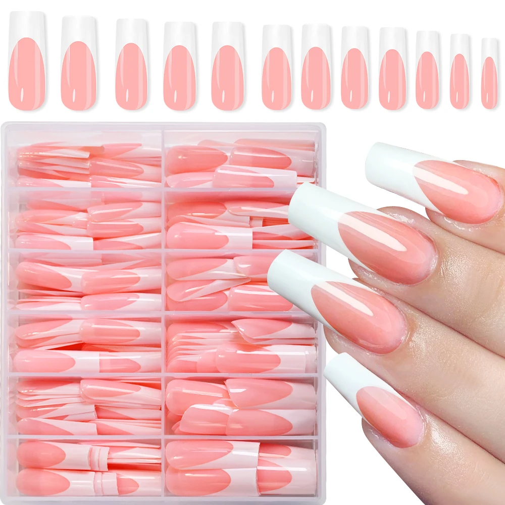 

240pcs/Box Nude Pink French Press-on False Nails Full Cover Simple Long Square Ballet Coffin Shape Fake Nails For Women Wearing