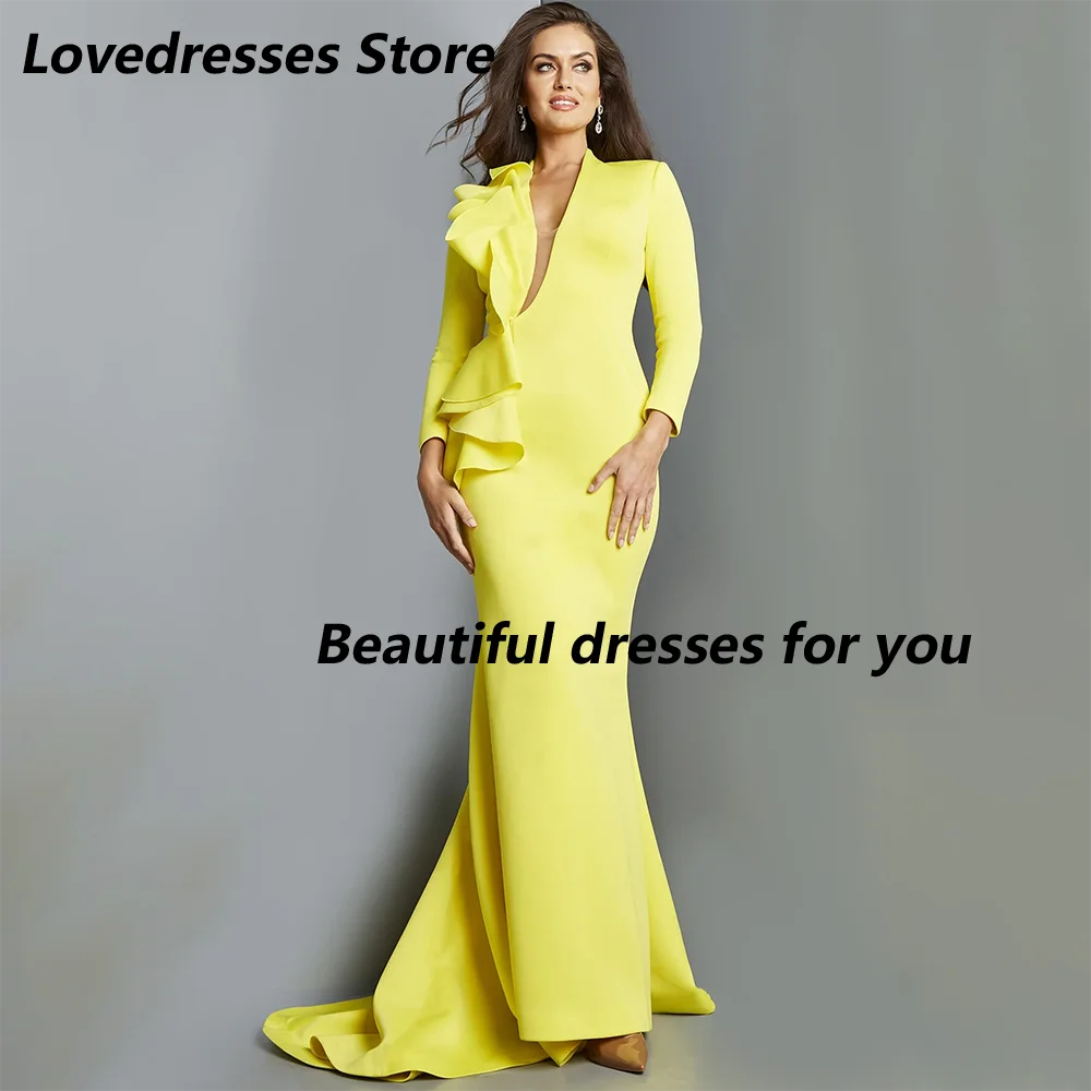 

Customized Elegant Mermaid Evening Dress Chic V-Neck Long Sleeves with Ruffles Women Banquet Gowns Long Wedding Guest Dress