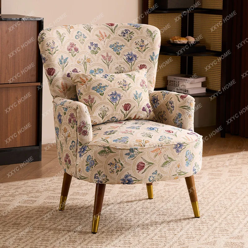 Vintage pastoral single sofa living room bedroom balcony leisure chair high back fabric lazy tiger chair