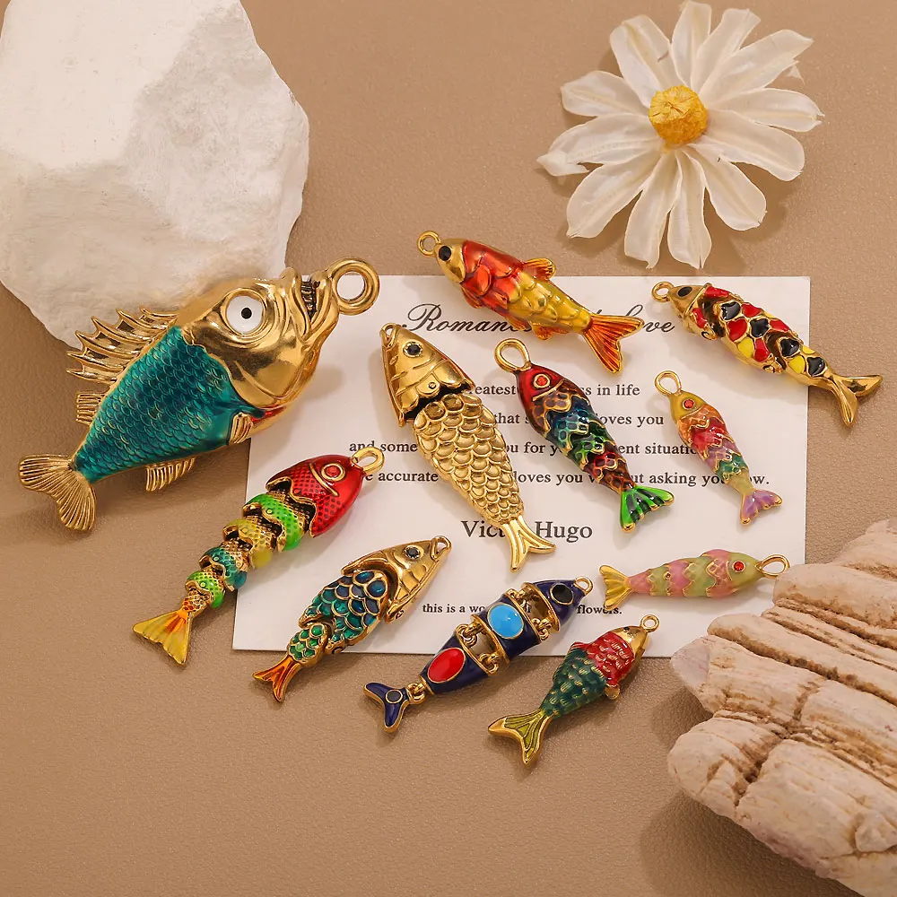 1 Stück Edelstahl-Emaille-Fisch-Anhänger für die Schmuckherstellung, böhmische Tier-Anhänger, goldfarbenes Zubehör, niedliche Fisch-Anhänger – Detail 5