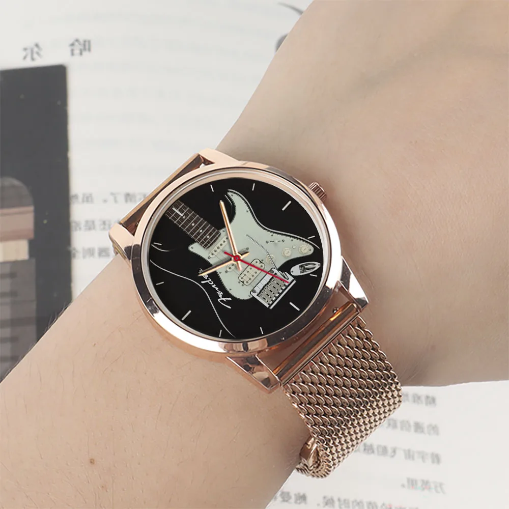 Guitar Bass Pattern Universal for Men Women Souvenir Composer Rose Gold Man Watch Silver Watches Black Bracelet Gift Clock