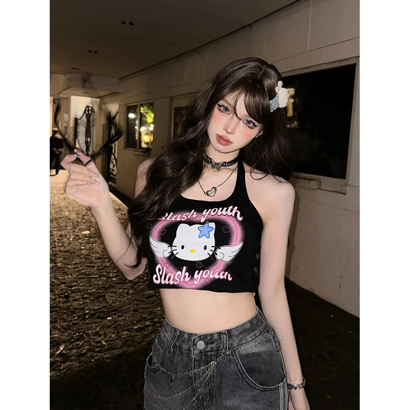 Kitty Angel Hello Kitty Sweet Cool Hottie Camisole Girl Summer Wears Black Short Sleeveless Halterneck Top