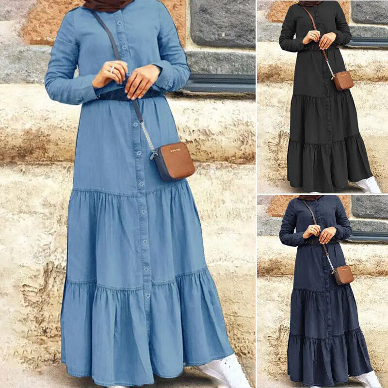 

2025 NEW Muslim Abayat Dress for Women Monochromatic Cake Skirt Long Sleeves Stand Collar Button Elegant Lady's Robe