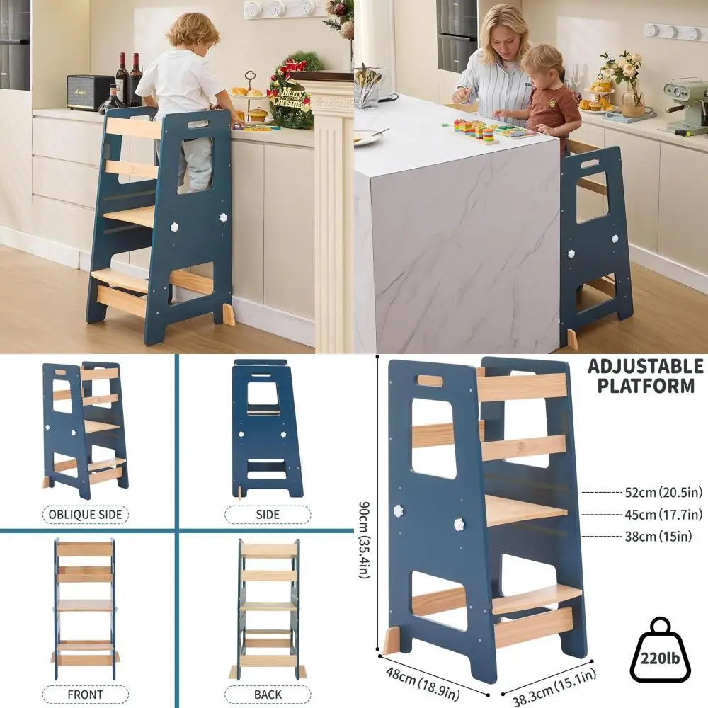 

Height-Adjustable Toddler Step Stool with Safety Rail, Ideal for Learning and Bathroom Use, Anti-Slip, Deep Blue
