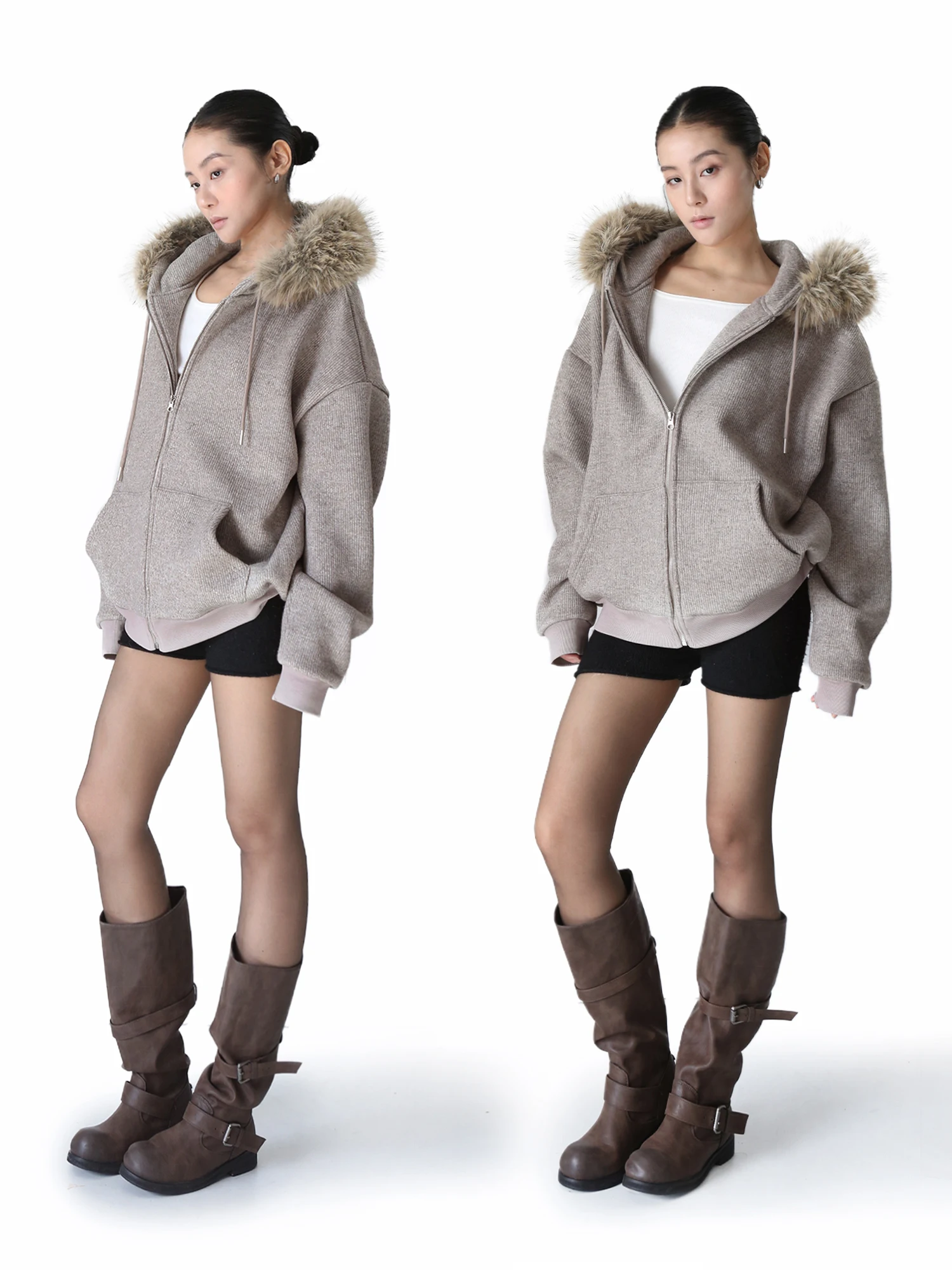 

SANO Fce Lined Knitted Hoodie Zipper Casual Women's Sweater Coat Brown Comfortable Breathable ort Sle Winter Outerwear