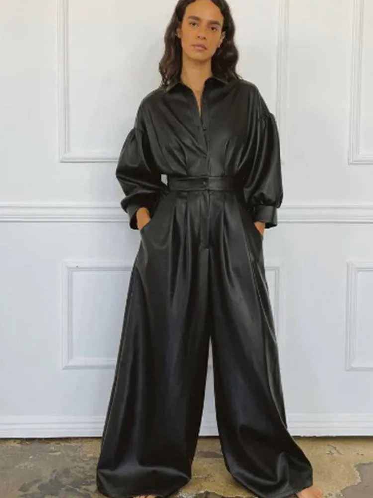 

Pu Leather Jumpsuit for Women Winter Long Sleeve Jumpsuit One Piece Outfit Fashion Vintage Loose-fitting Black Jumpsuit Elegant