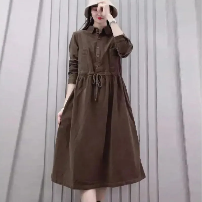 

2024 Spring Autumn Fashion Corduroy Dress Female Women Dress Vestidos Korean Loose Slim Long Sleeved Lapel Shirt Dress Dresses