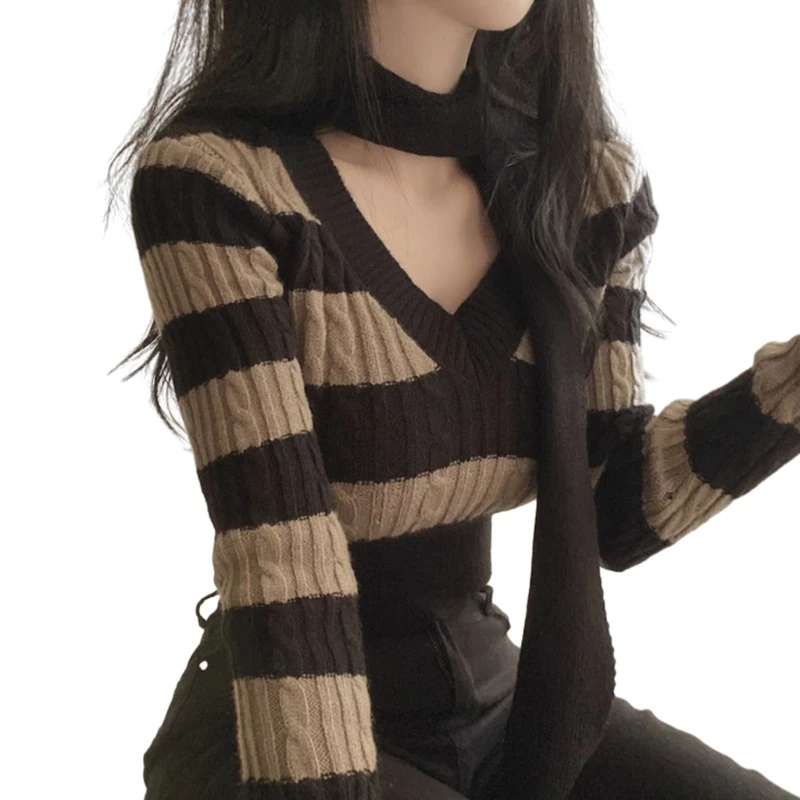Women Knit Long Sleeve V-Neck Striped Bodycon Sweater Crop Top with Scarf Collar N7YE