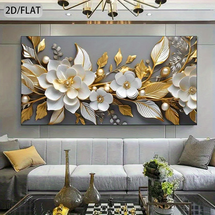 مسطح ثنائي الأبعاد، كبير وحديث بدون إطار - تصميم الأزهار البيضاء والذهبية، طباعة عالية الجودة، داخلي/خارجي لديكور غرفة المعيشة