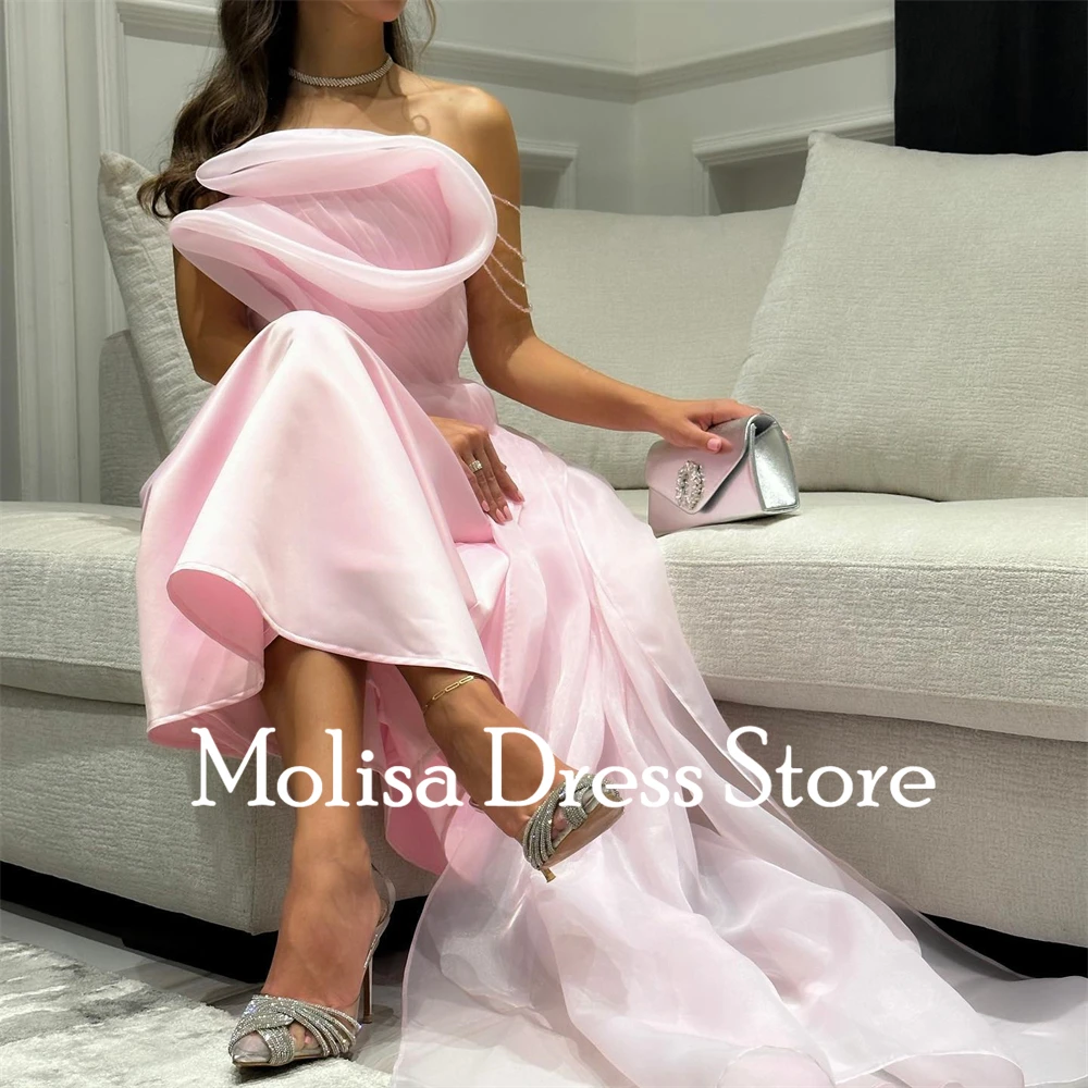 Fashion Pink Formal Occasion Dresses Strapless Organza Prom Gowns Organza Ankle-Length A-Line Evening Party Dress  فساتين حفلات