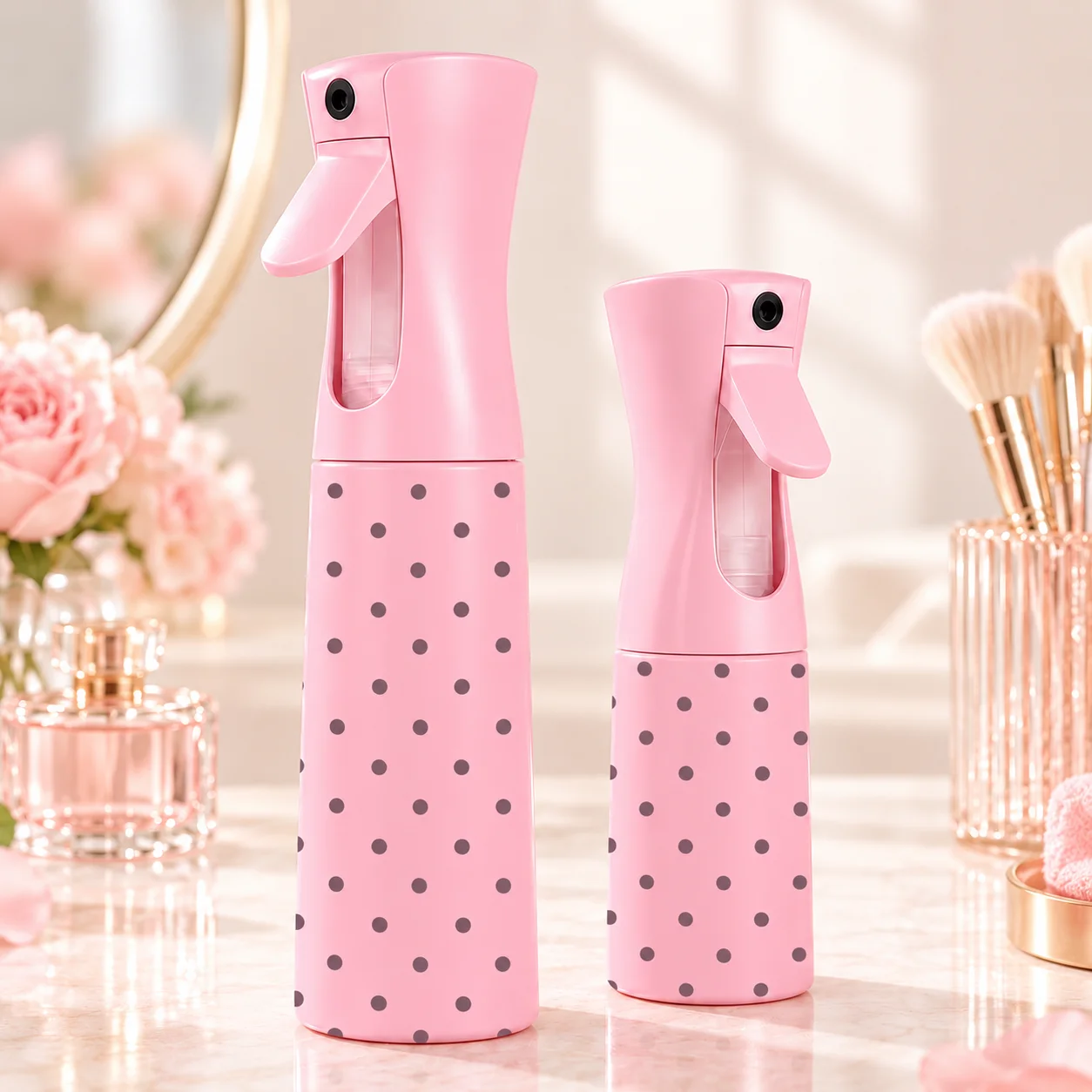 Continuous Mist Spray Bottle Pink Polka Dot Portable Hair Mister Fine Mist Sprayer Salon Hair Styling Facial Water Spray Bottle