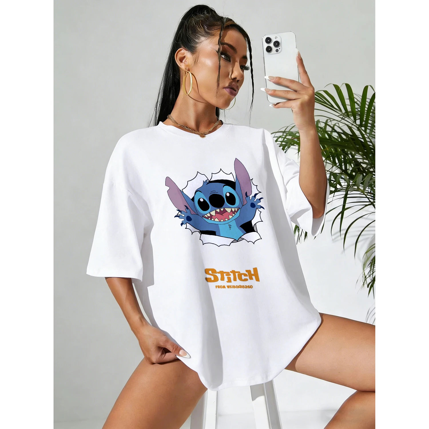 Disney Summer Star Baby Stitch Hole Raid Style 100% Camiseta estampada de algodón puro para hombres y mujeres, Top informal transpirable