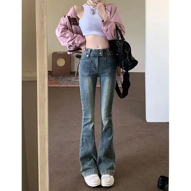 Blue Women Jeans Gyaru Flare Pants High Waist Vintage Denim Bell Bottom Female Harajuku Streetwear Chic 2000s Tide Trousers Y2k