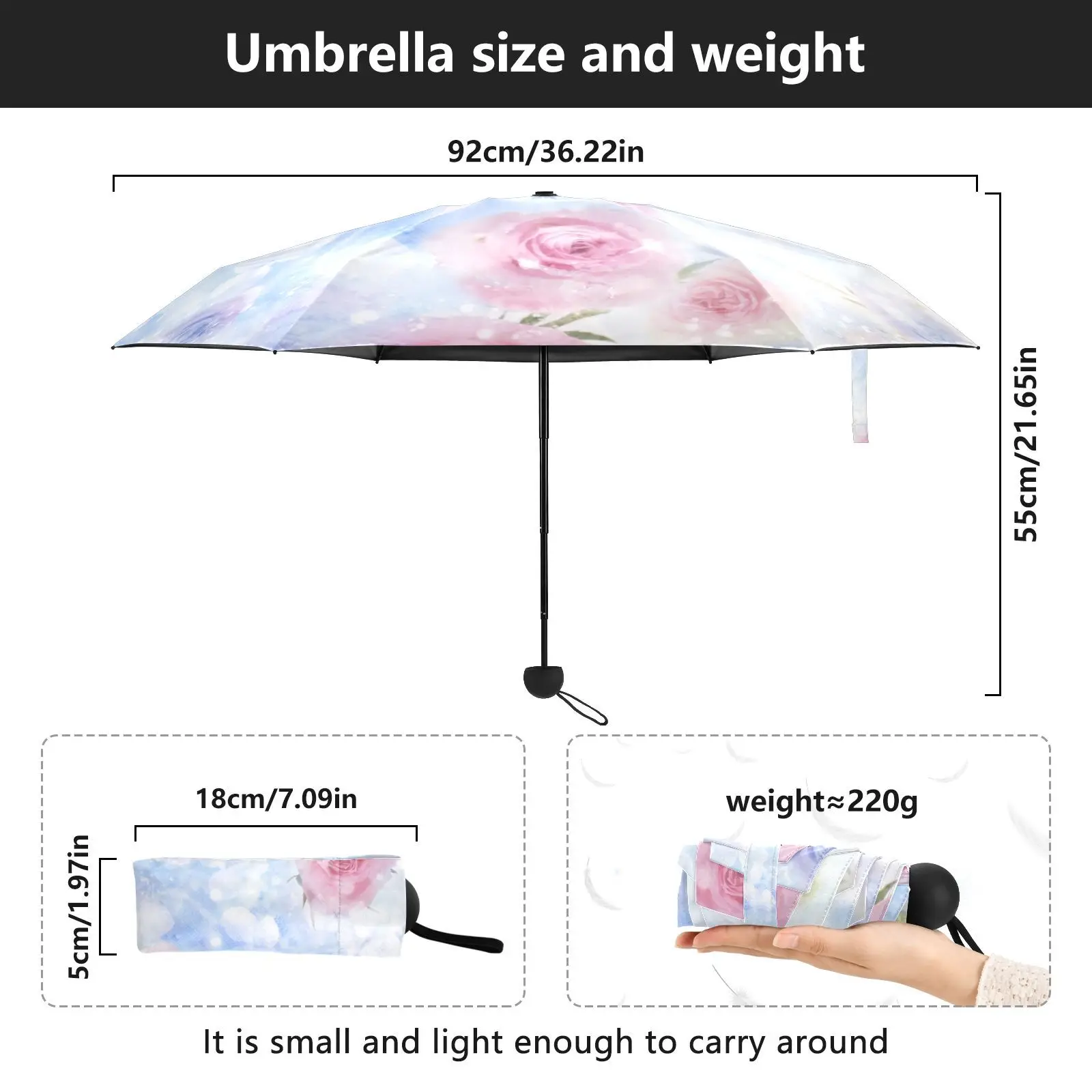 Rose pattern Mini 5 folding sun umbrella portable folding sunny and rainy nano umbrella cloth, waterproof and lightweight,