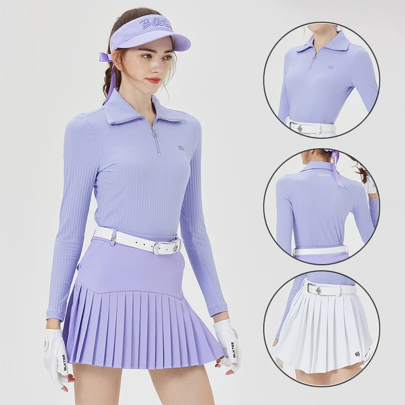 

Blktee Ladies Anti-light Golf Short Skirt Breathable Pleated Sport Skort Women Elastic Stripe Golf Shirt Zipper Collar Polo Tops