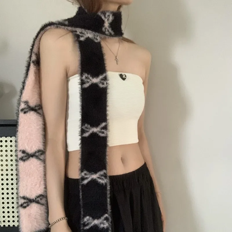 

Bow Scarf Women Winter Vintage Knitted Narrow Longer Scarf Women Two-Colors Muffler Neck Warmer Girl Accessories Four Seasons