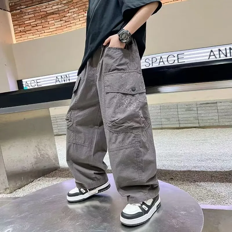 Pantalones de pierna recta finos de verano para niños, pantalones de pierna ancha holgados de nueva tendencia, pantalones deportivos informales guapos de Ruffian para niños 2025