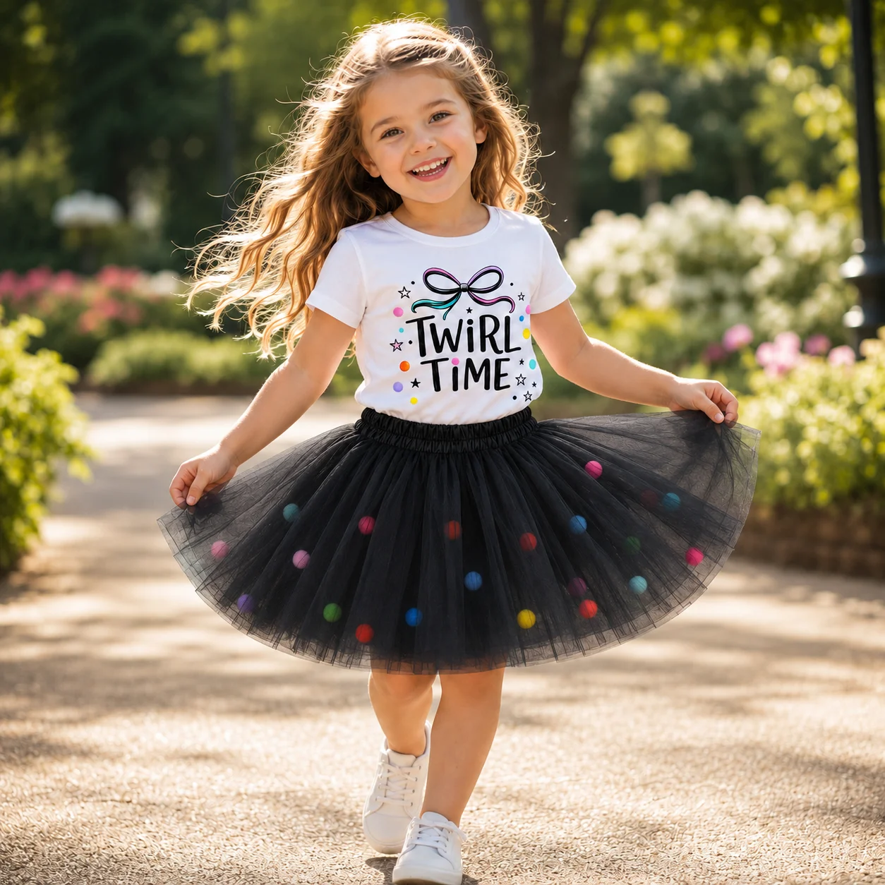 Summer Little Girl 2 Piece Clothes Set Twirl Time Graphic Short Sleeve Tee Colorful Pom Pom Black Tulle Tutu Skirt Kids Ballet B