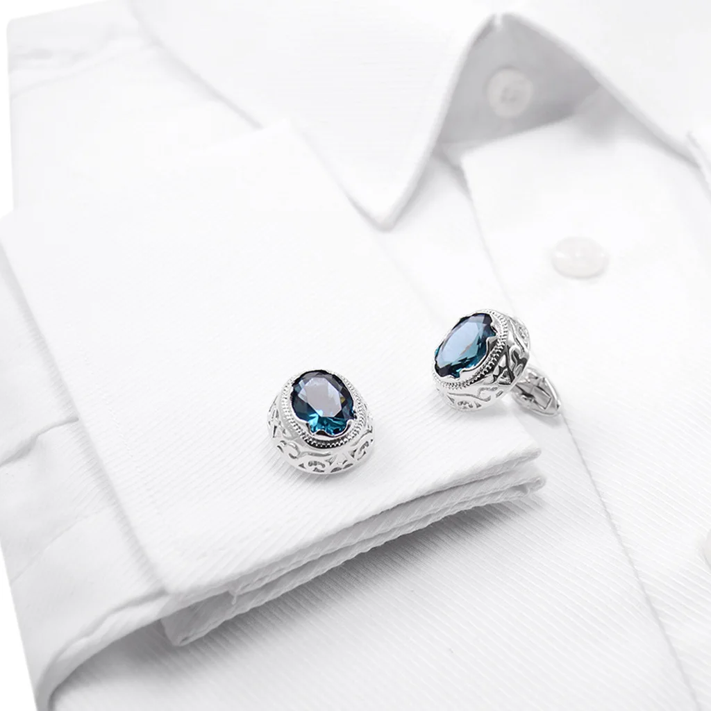 NVT Fashion Blue Zircon Cufflinks For Mens Shirt Commemorative Gift Free Engraving Name Silver Color Cuff Button Wedding Jewelry