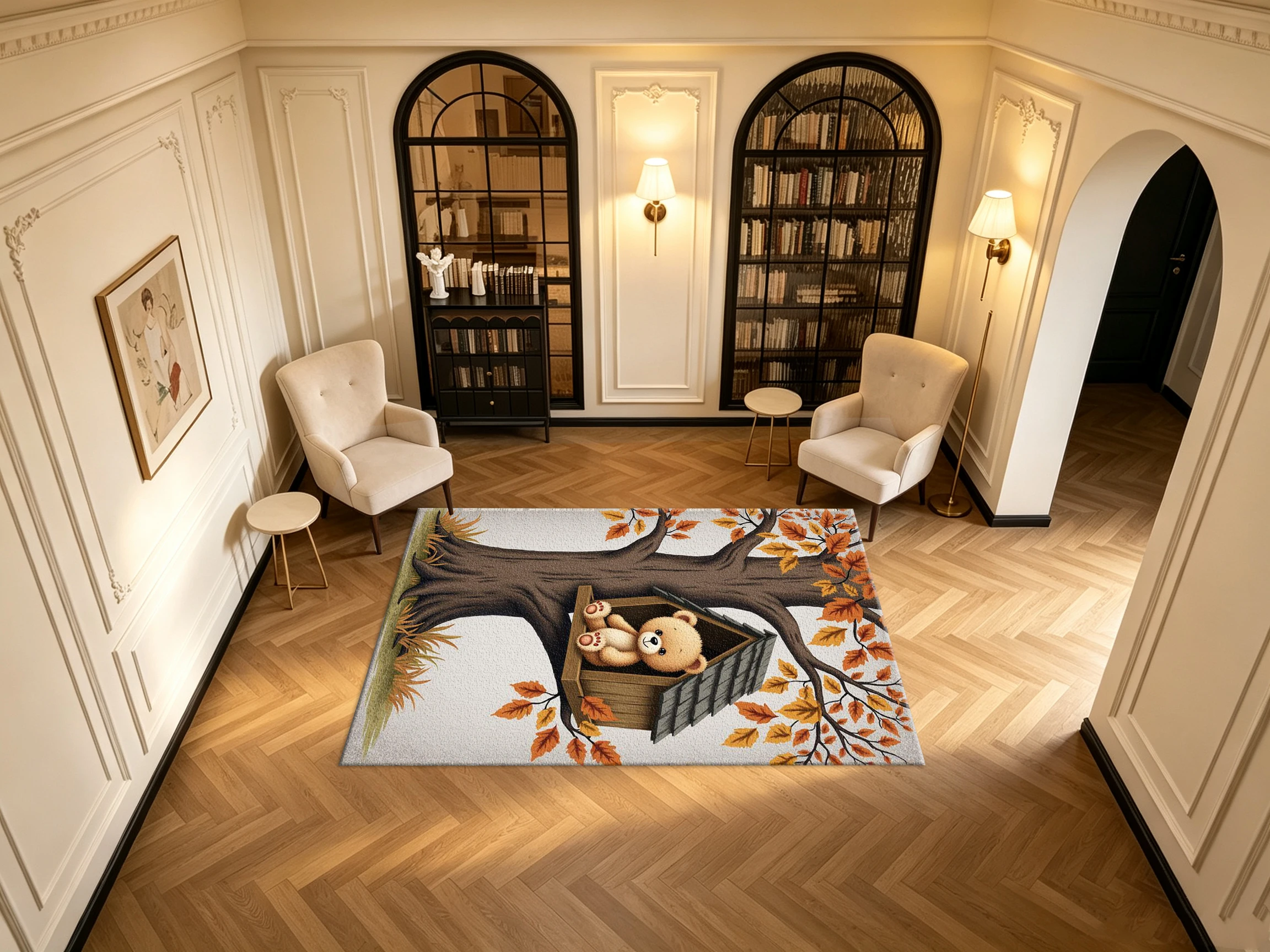 Cute Autumn Teddy Bear Tree House Carpet Flooring Fall Maple Leaf Cartoon Art Printed Square Floor Rug for Household Decor