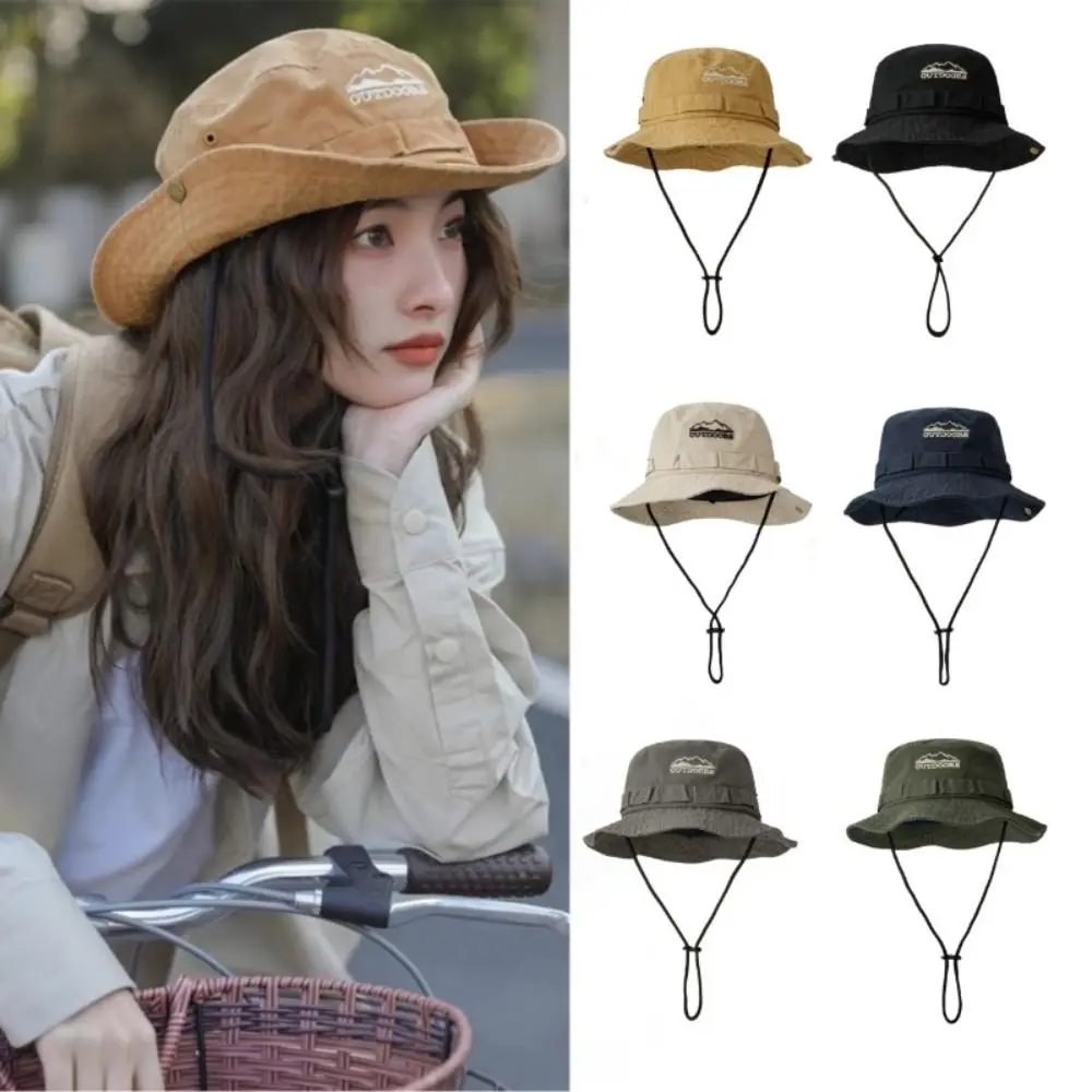 

Fashion Mountain Range Embroidery Fisherman Hat Unisex Solid Color Travel Hat Sun Protection Sunscreen Hats Camping