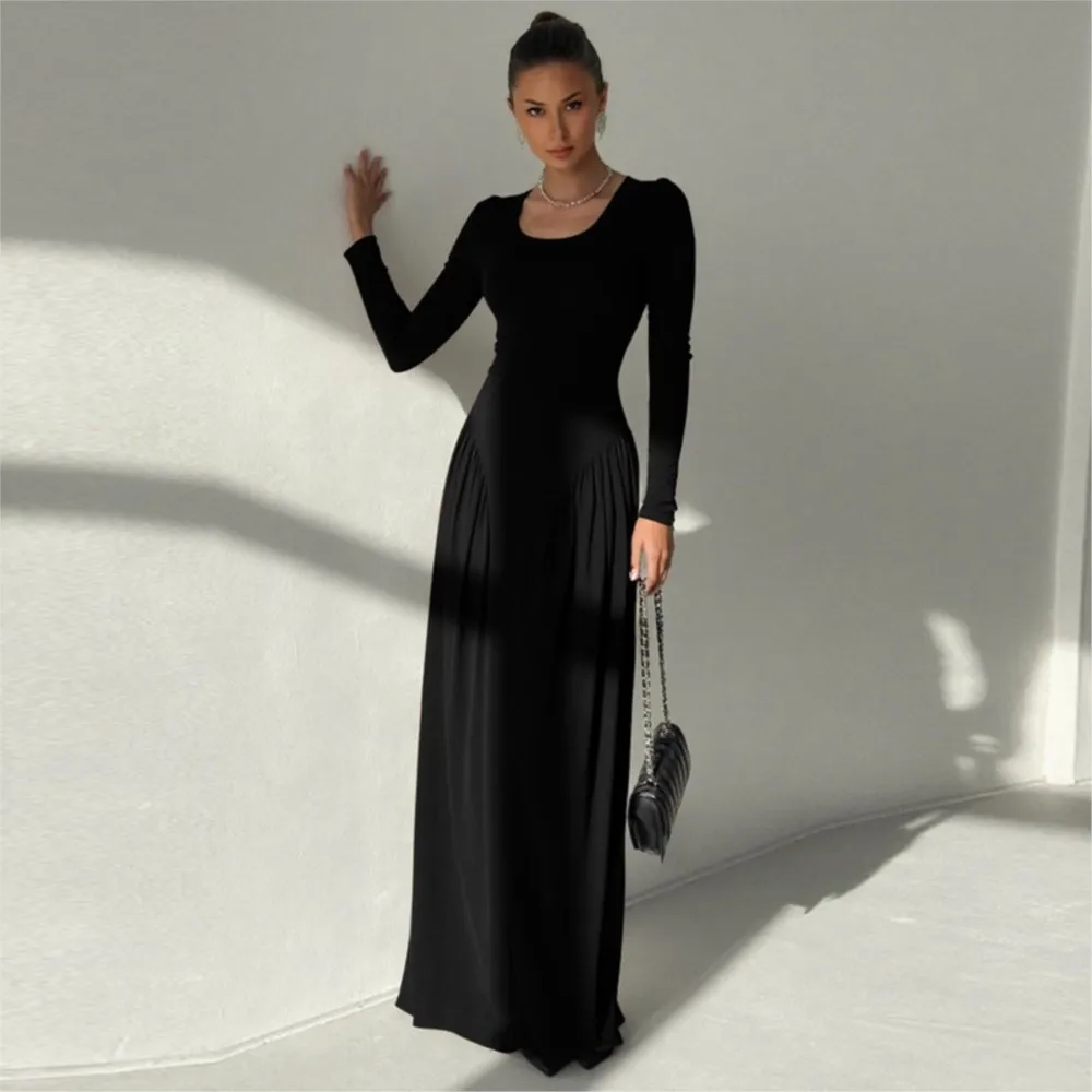 Elegant Slim Evening Dress Solid Color Autumn Winter Temperament Slim Dress High Waist Long Sleeve U Neck Strap Woman Clothes