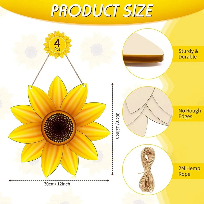 ดอกทานตะวันไม้ Cutout Sunflower Sign Cutouts Sunflower ไม้แขวนประตู 10M เชือกธรรมชาติ