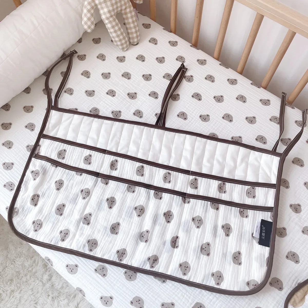 Baby Bed Storage Bag Double-pocket Bed Bedside Diaper Organizer Soft Cotton Cartoon Printed Newborn Crib Hanging Bag Store Bags