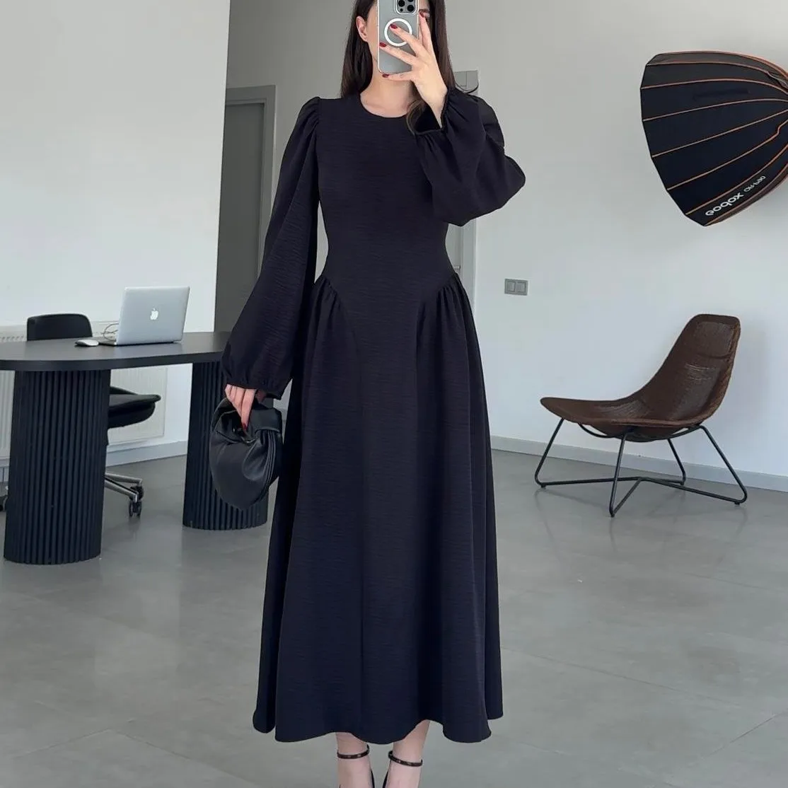 

Muslim Fashion Women's Clothing Pure Color Patch Silm Muslim Large Swing Dress Abaya Robe
