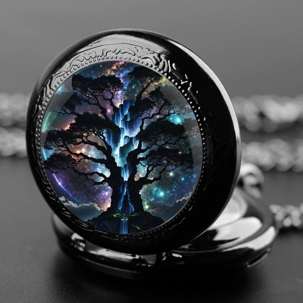 Sacred Tree Design Glass Dome Quartz Pocket Watch with Durable Chain Arabic Numeral Dial for Men and Women Creative Gifts