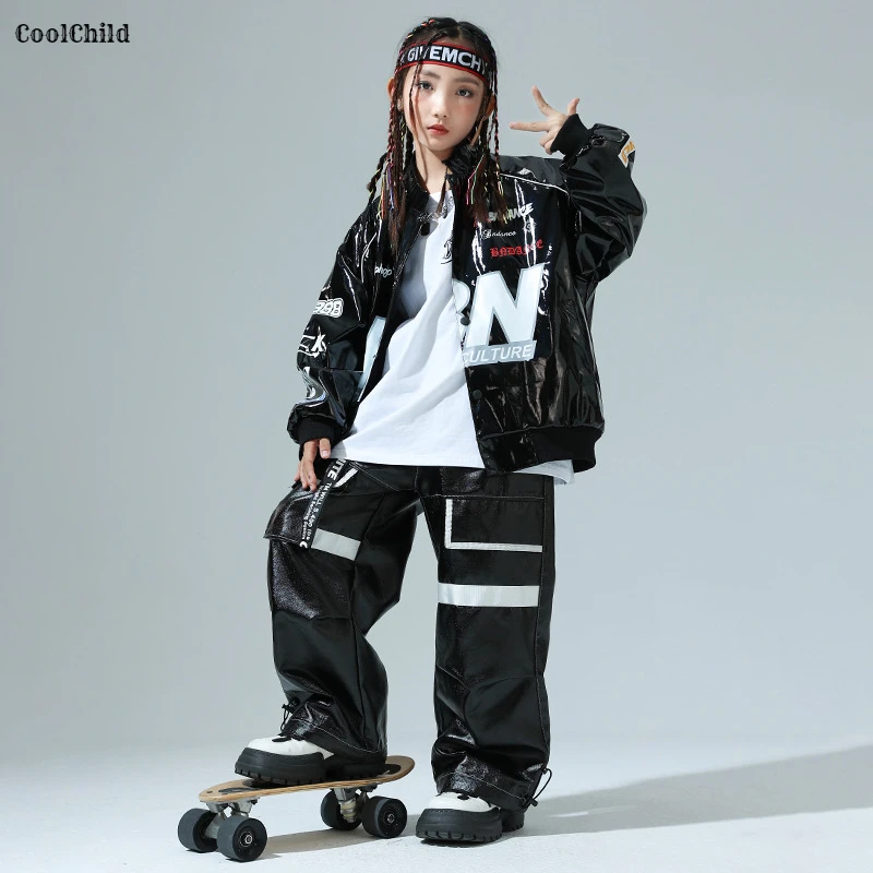 Chaqueta de cuero de moda K-pop para niños, pantalones Cargo de baile callejero, ropa informal estilo Hip Hop para niñas, conjunto de ropa para niños, disfraz de Jazz suelto