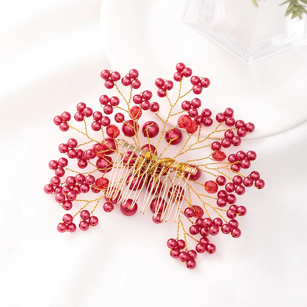 

Bridal Hair Combs Rhinestone Pearl Decorated Durable Fashionable Women Red Accessories Wedding Party Banquet Prom Church Dance