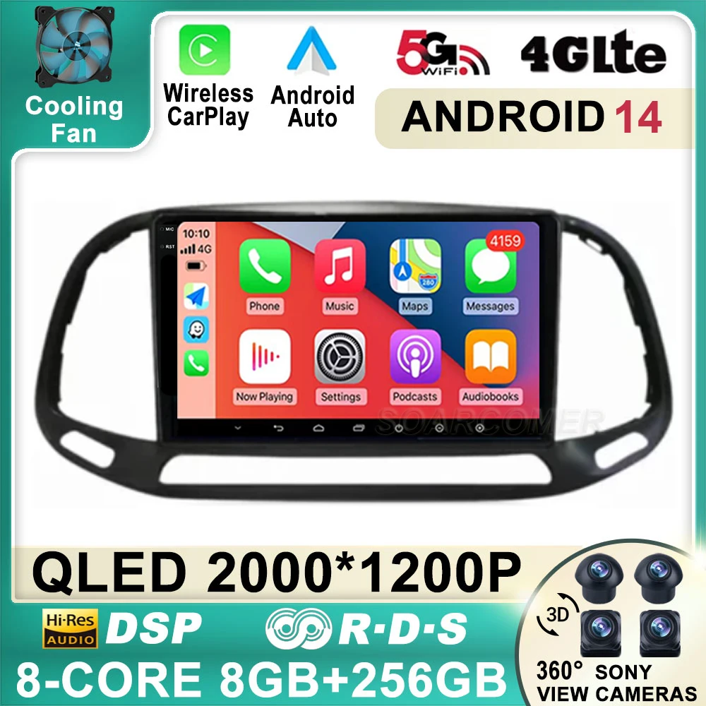 Android 14 WIFI+4G Carplay Car Radio For Fiat Doblo 2015 2016 2017 2018 2019 2020 GPS Multimedia Video Player Stereo 360 Camera