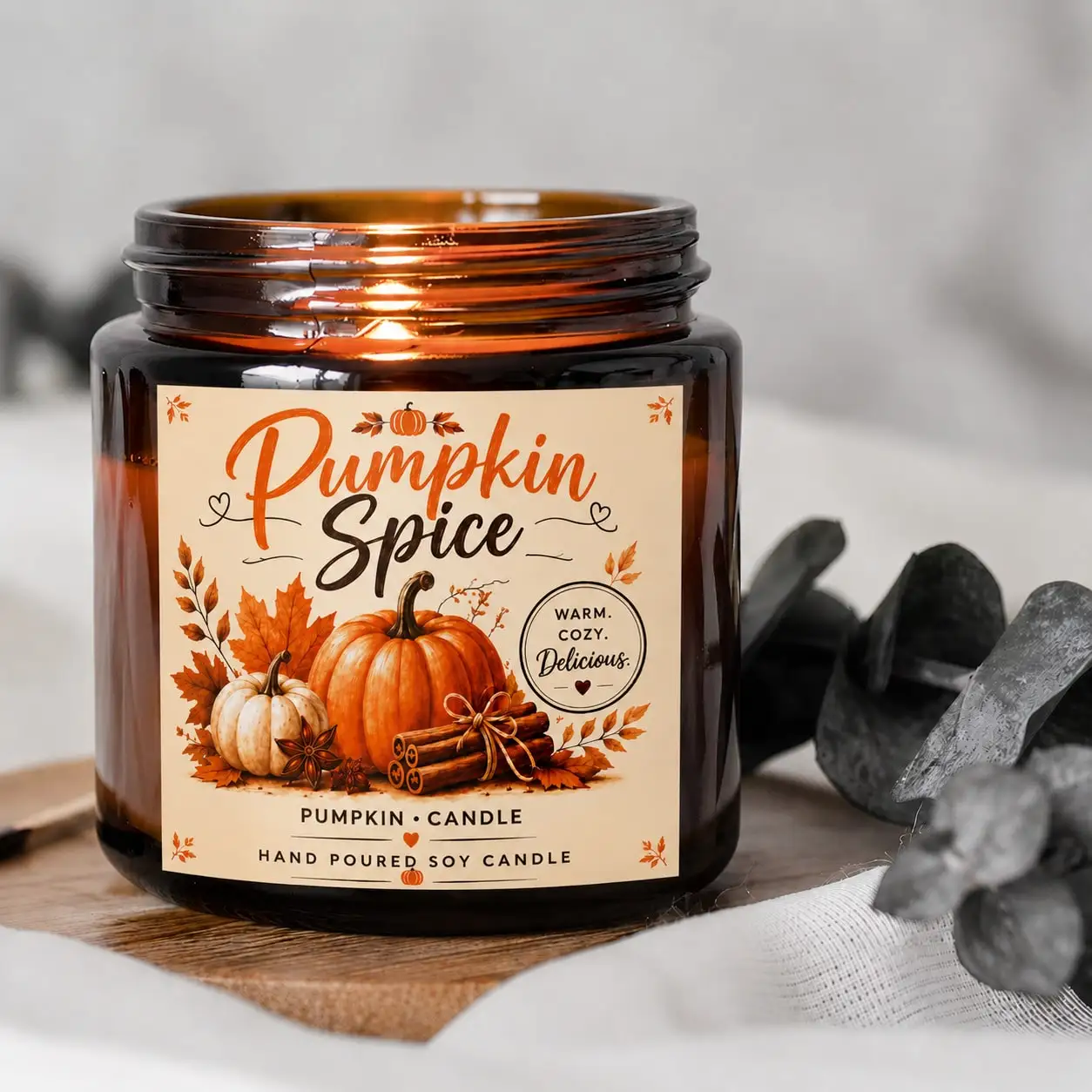Pumpkin Spice Handmade Soy Wax Candle, Autumn Leaf Brown Jar, Cozy Home Decor Fragrance Candle, Vintage Maple Leaf Pumpkin Print Pumpkin Spice Candle, Long-Lasting Burn, Pastoral Style Desktop Autumn Soft Decor Ornament,